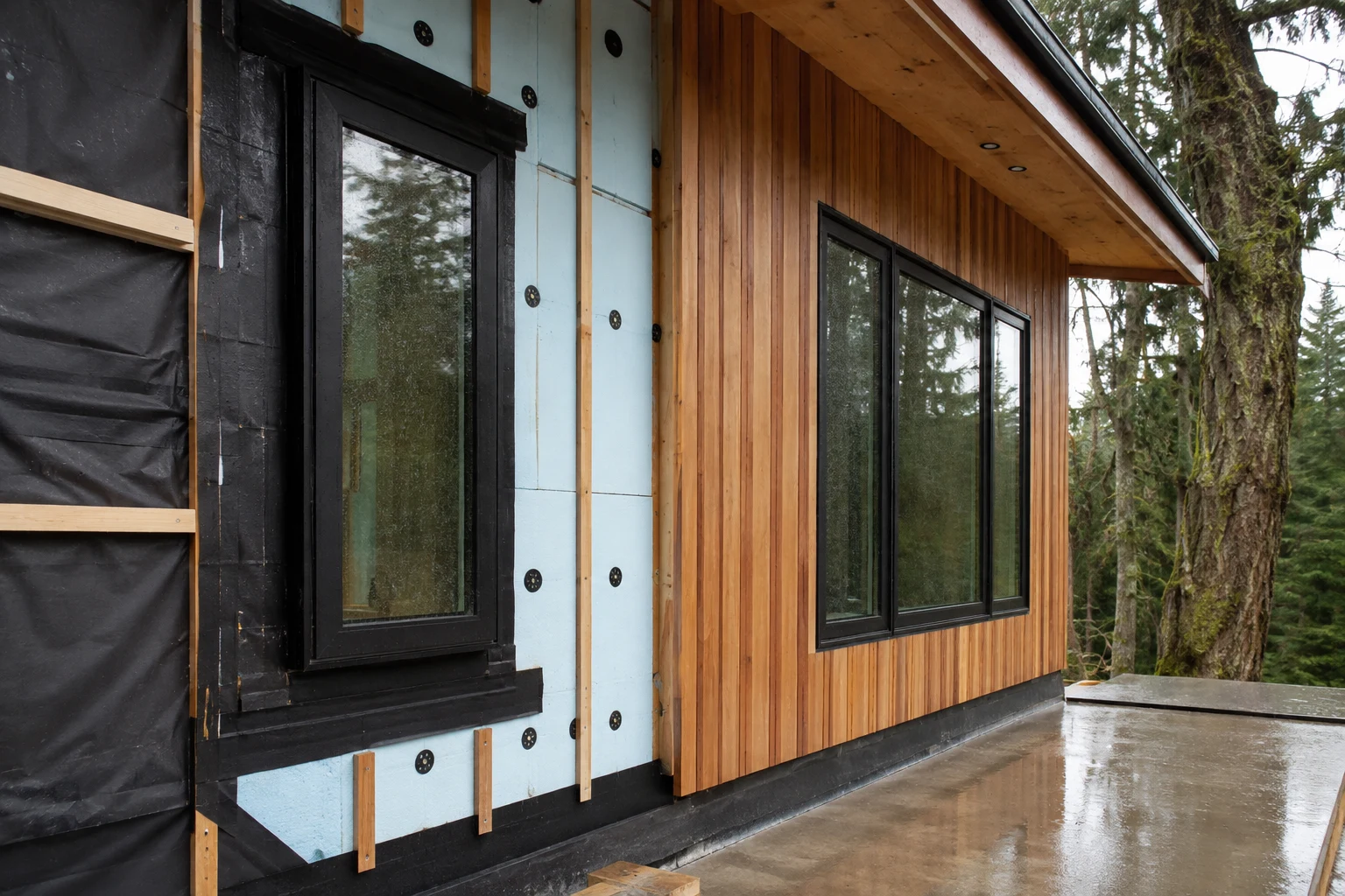 Partially completed Pacific Northwest wall showing membrane, insulation, furring, and wood cladding layers