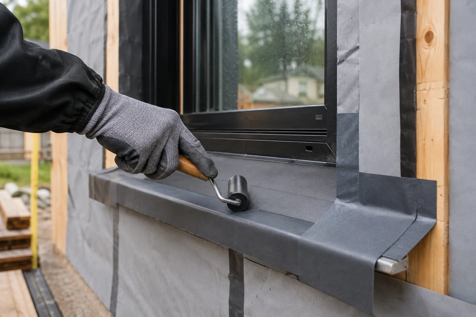 Installer rolling flashing tape over a sloped window sill pan and water-resistive barrier