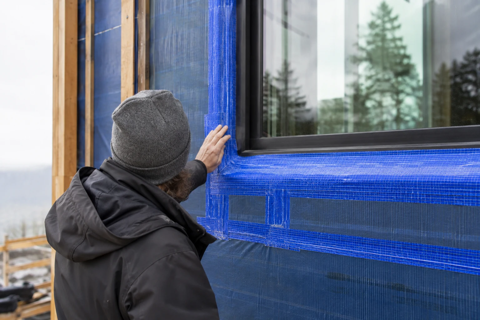 Envelope consultant inspecting a sealed air-barrier transition before wall finishes