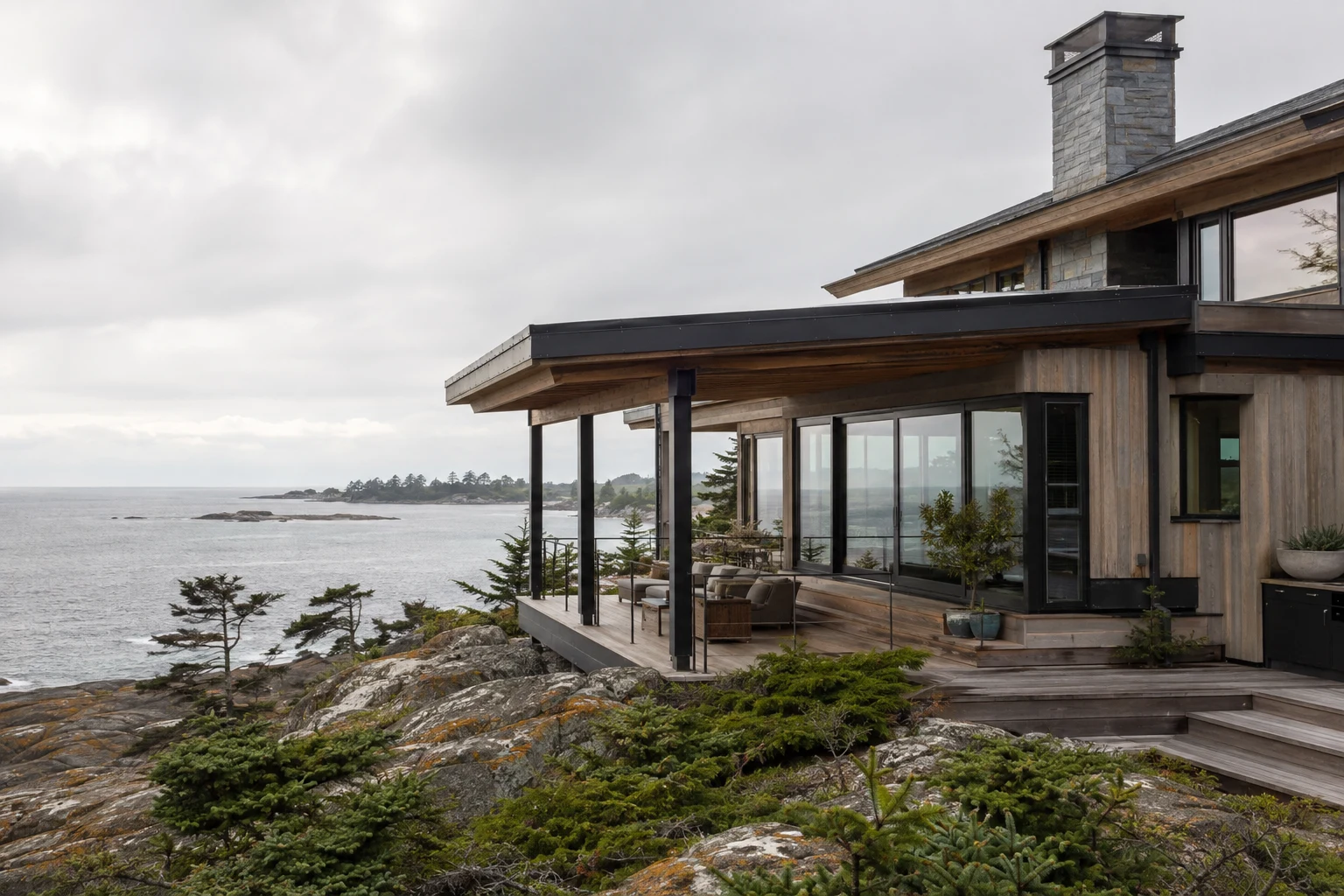 Contemporary metal-and-wood house designed for an exposed rocky Pacific coast