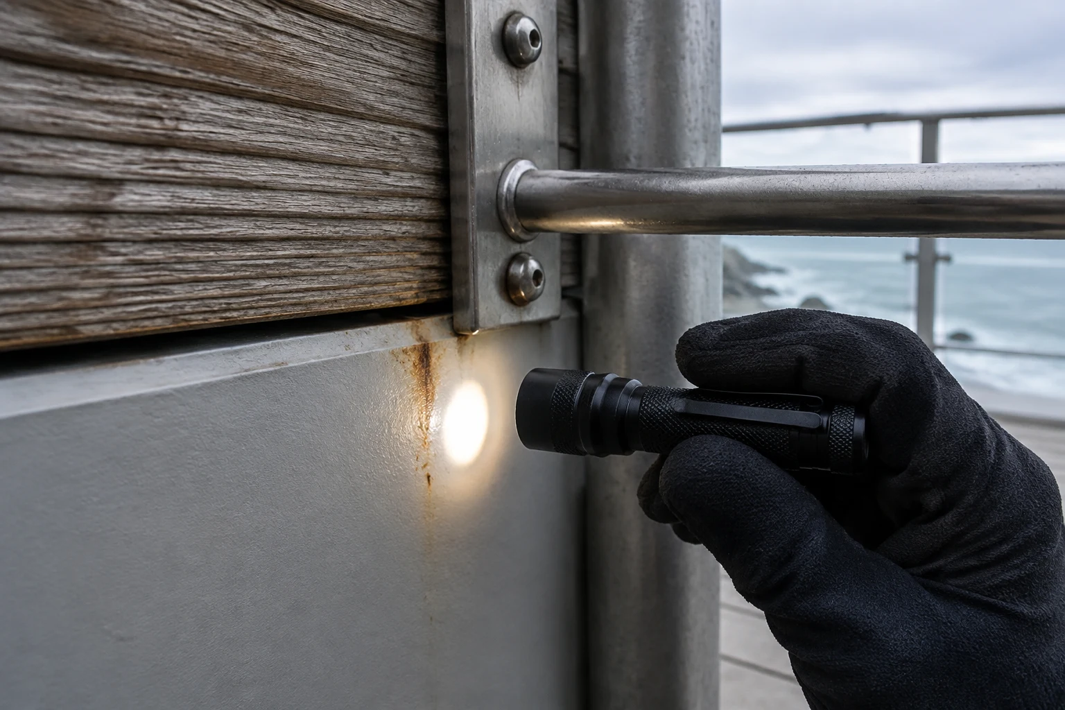 Inspector examining a small rust stain beside stainless railing fasteners on a coastal balcony