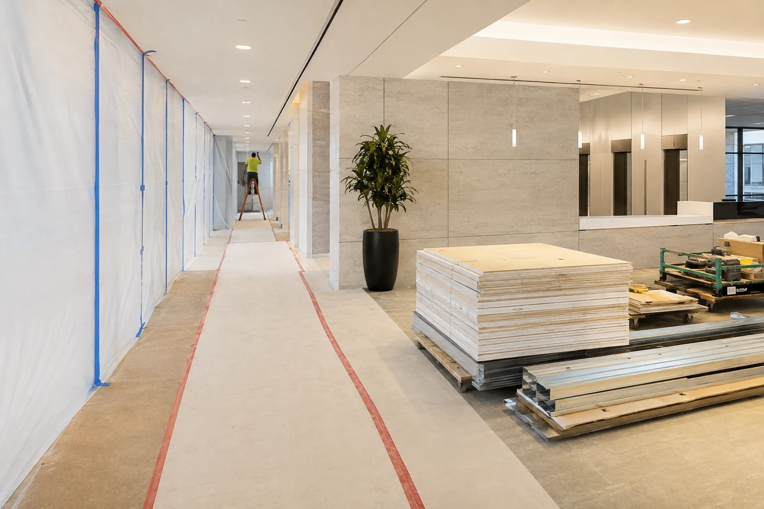 Carefully phased commercial interior renovation with protected circulation and staged materials