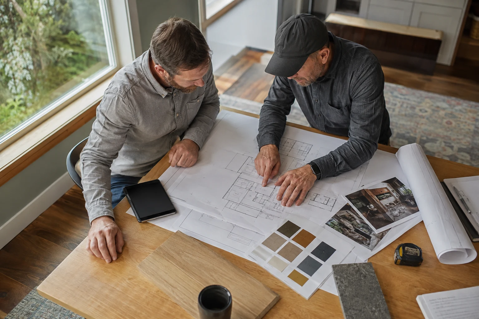 Building professionals comparing renovation plans, material samples, and scope documents