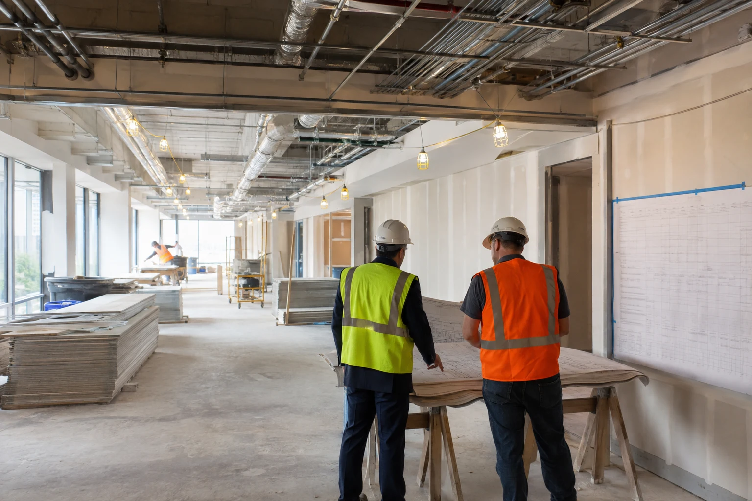 Commercial project manager and superintendent reviewing construction plans in an active office renovation