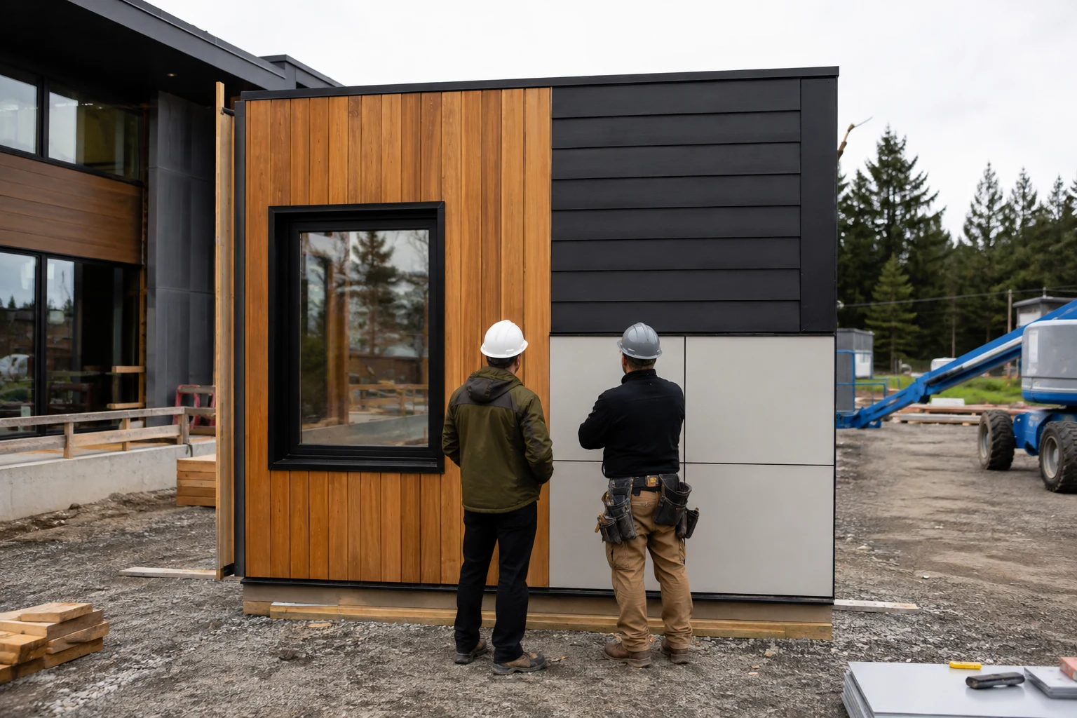 Architect and facade contractor reviewing wood, fiber-cement, and metal cladding on a full-size exterior wall mockup