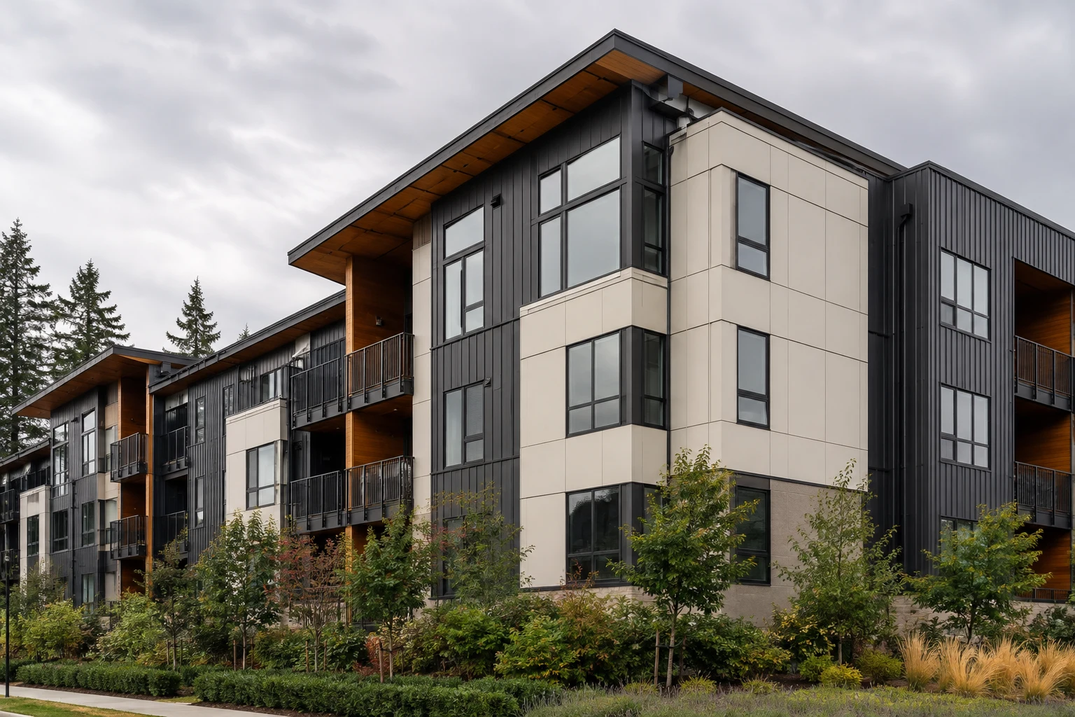 Completed West Coast multifamily facade combining metal panels, light panels, and sheltered wood accents