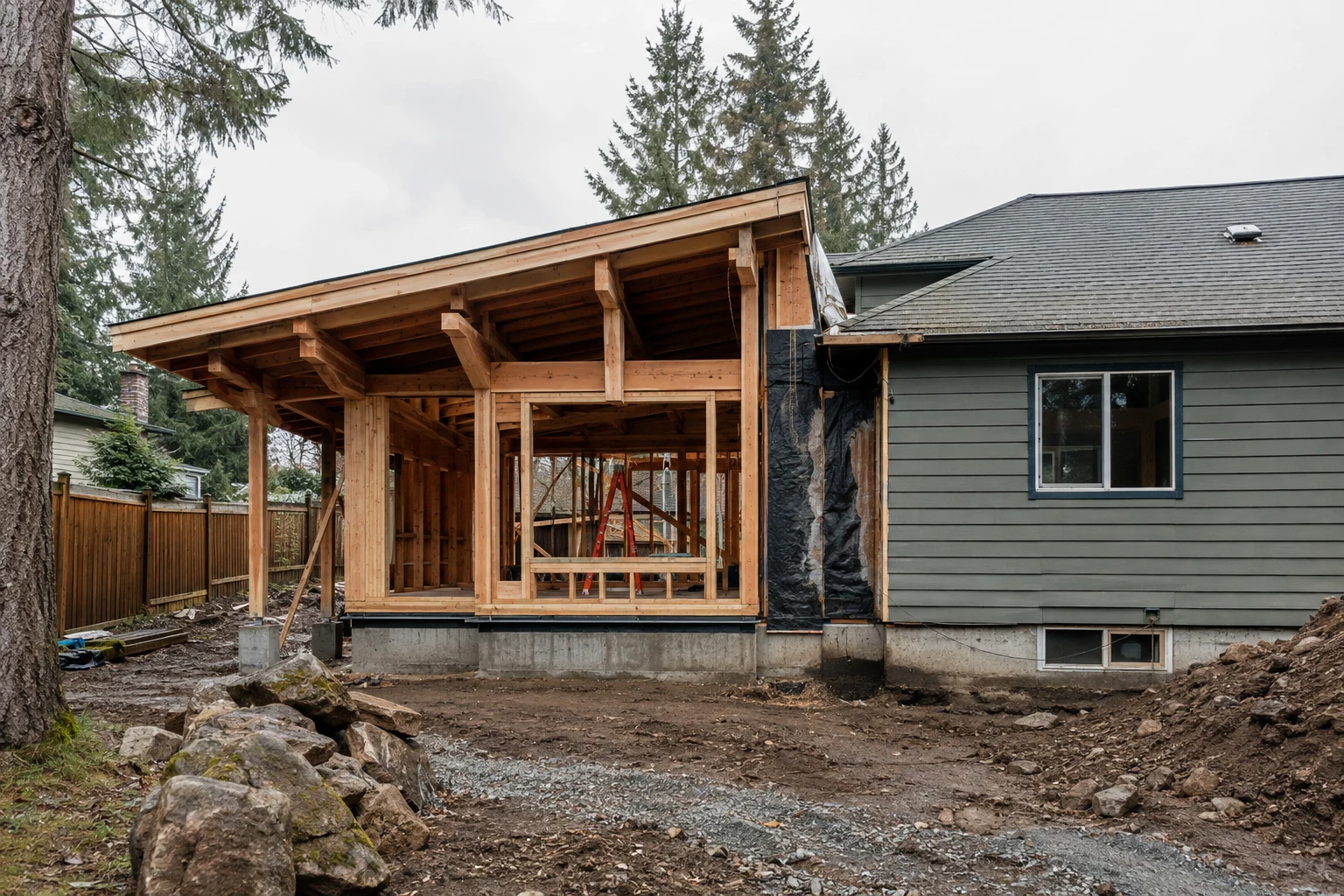 New timber-framed home addition connecting to an existing Pacific Northwest house