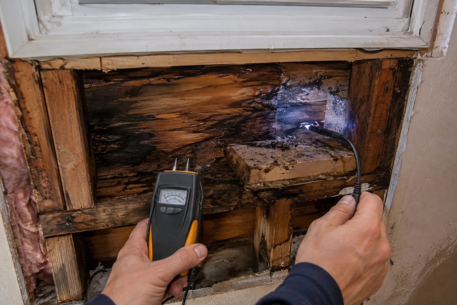 Moisture meter and inspection camera examining damp sheathing below a window opening