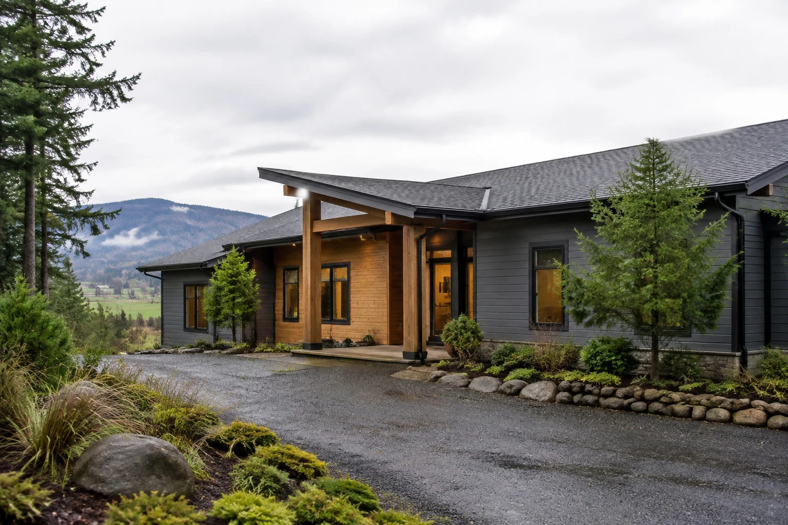 Rain-ready Oregon home in the Willamette Valley with evergreen foothills beyond