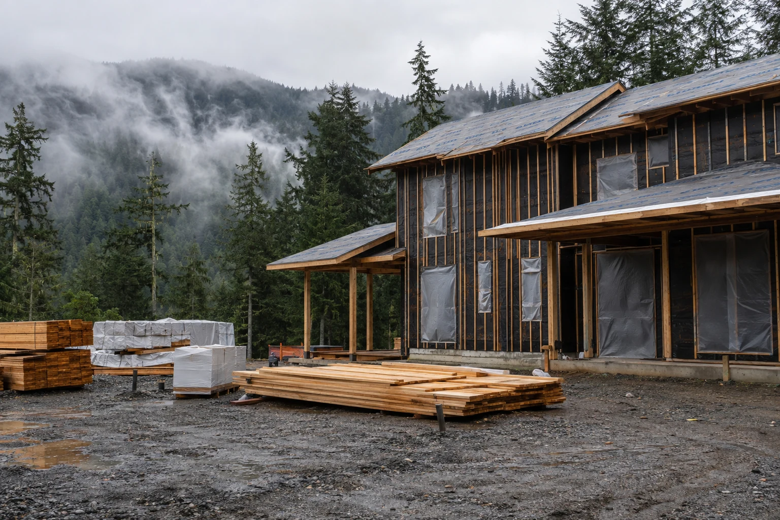 Protected Pacific Northwest home construction site beside dense evergreen forest