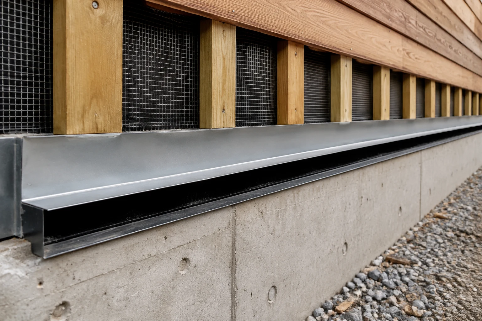 Rainscreen wall base with sloped flashing, open drainage gap, insect screen, and vertical furring
