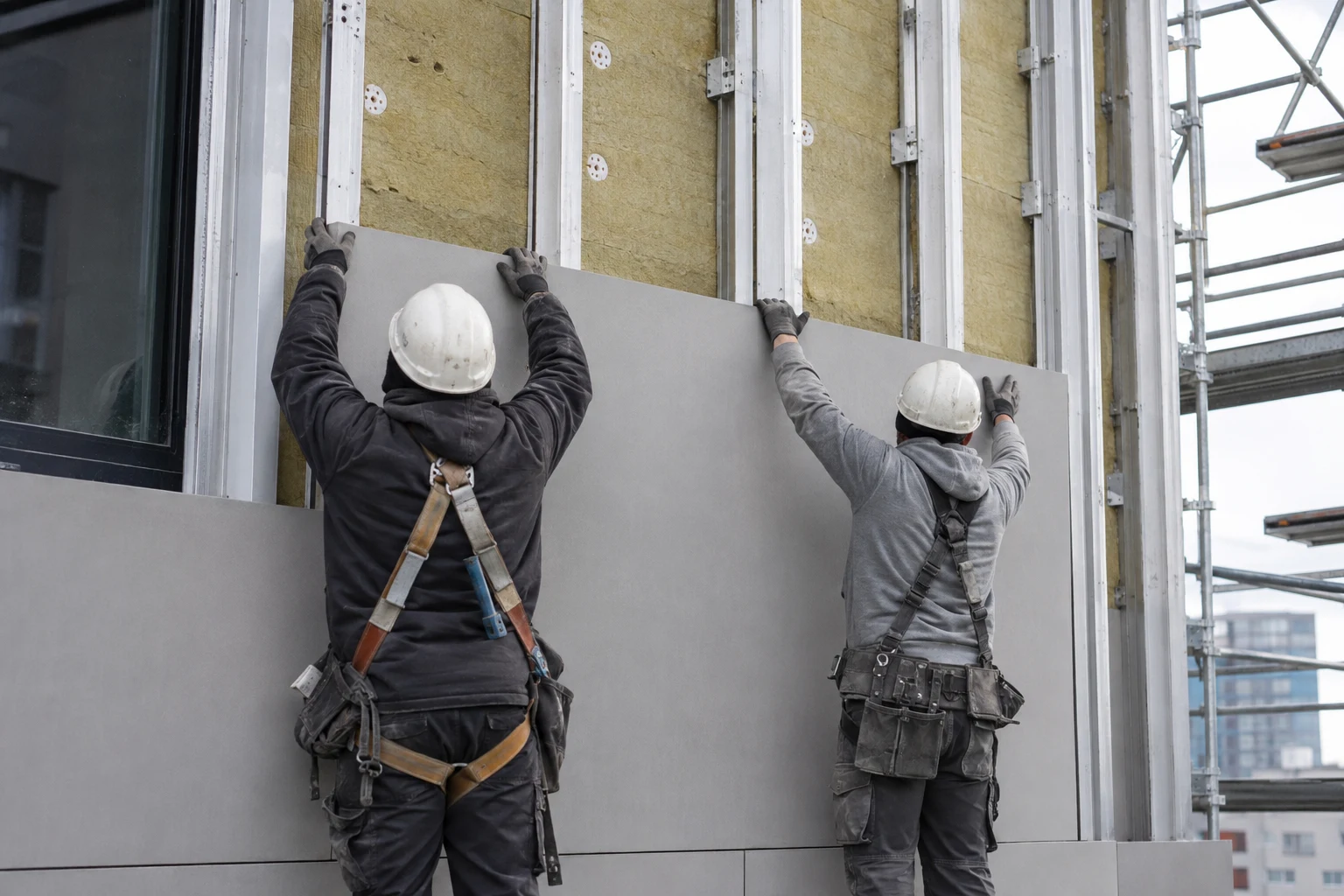 Facade installers aligning a large cladding panel on vertical rails over exterior insulation
