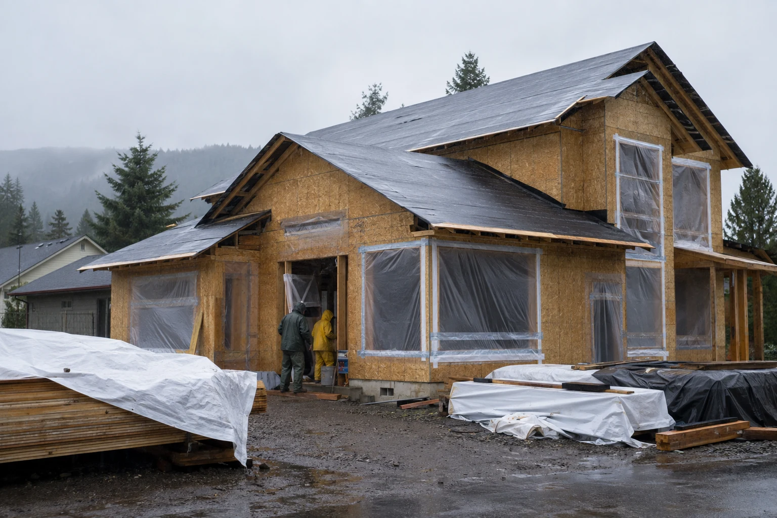 Pacific Northwest house under construction in light rain with protected openings and workers at ground level