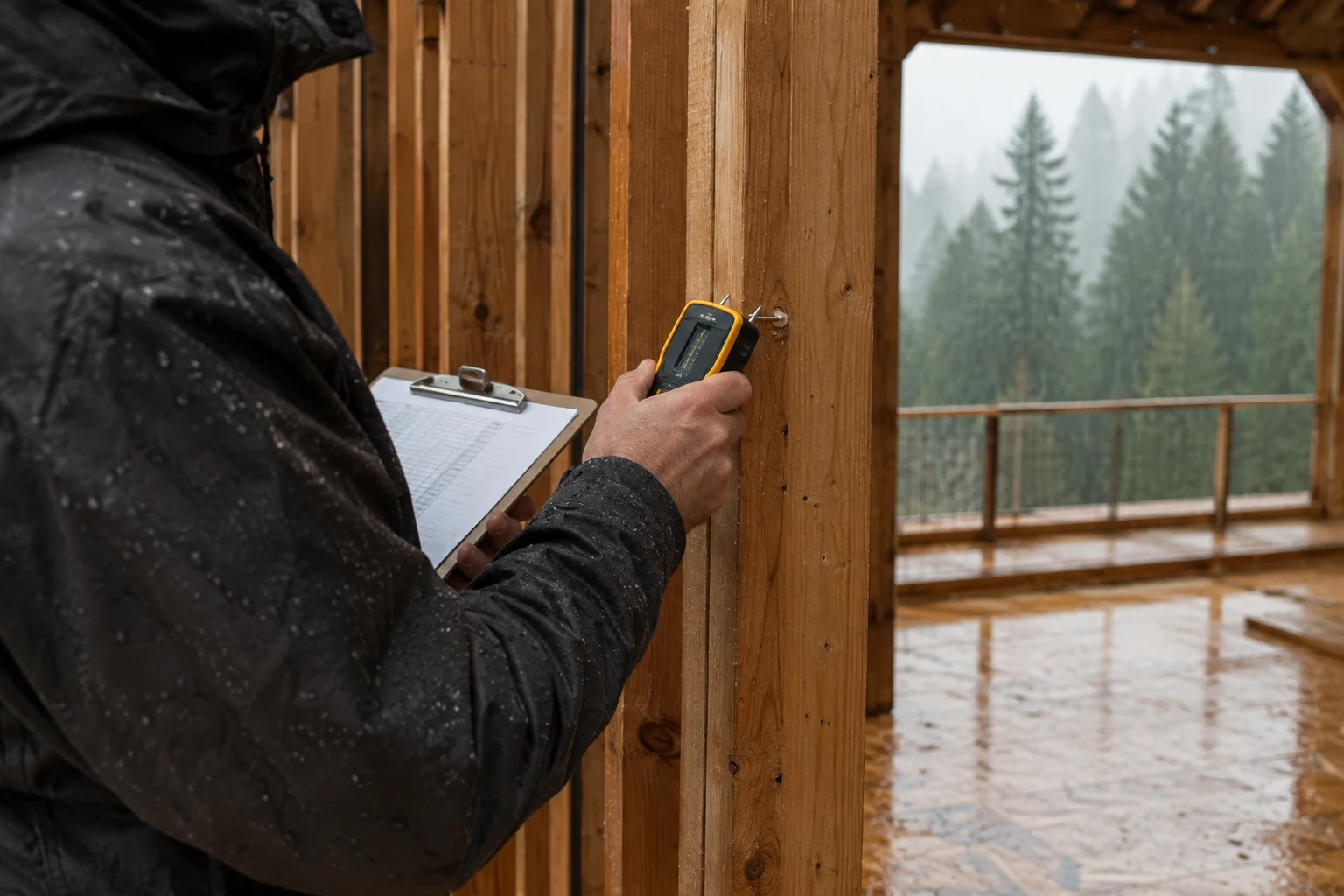 Superintendent checking wood framing with a pin-type moisture meter before enclosure