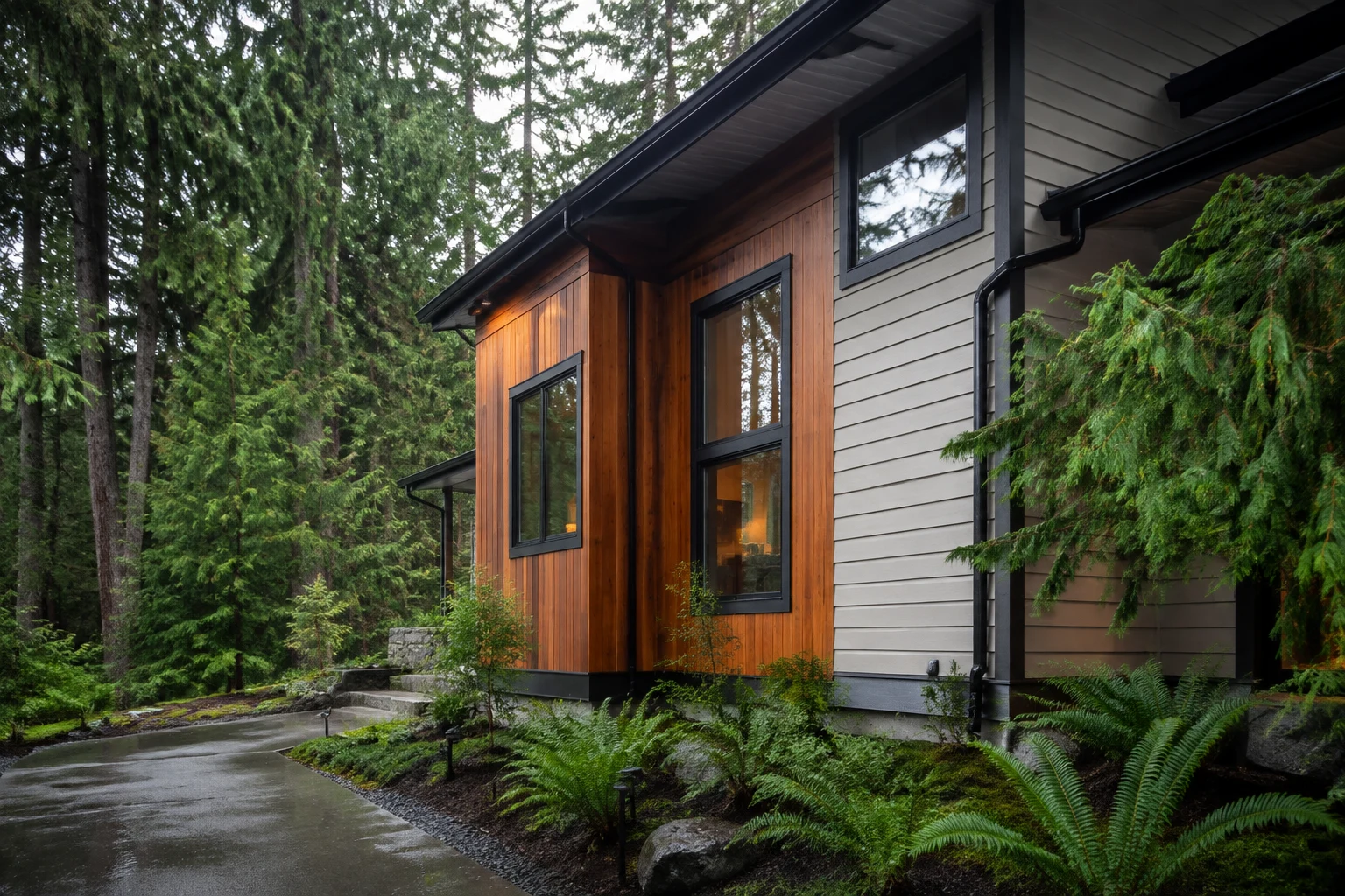 Pacific Northwest home with stained vertical wood and light lap siding among firs and ferns after rain