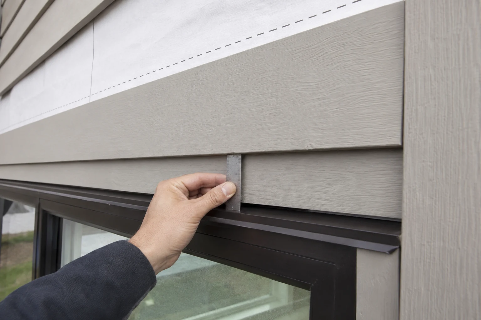Carpenter checking lap-siding clearance above a window head flashing