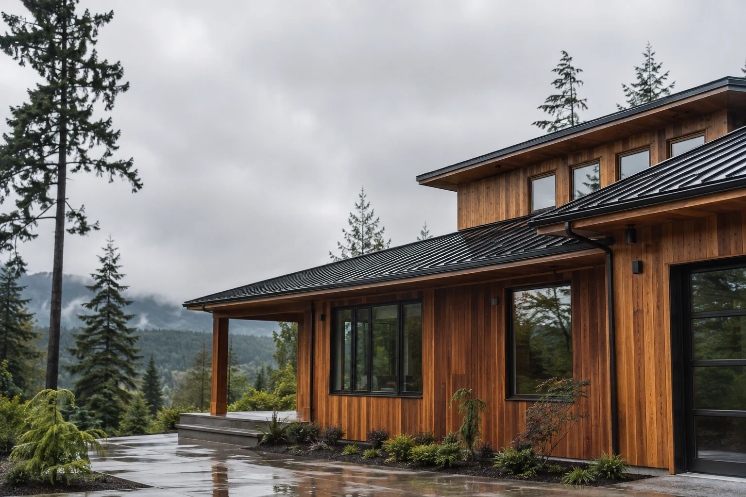 Rain-washed Pacific Northwest house with cedar cladding and a metal roof