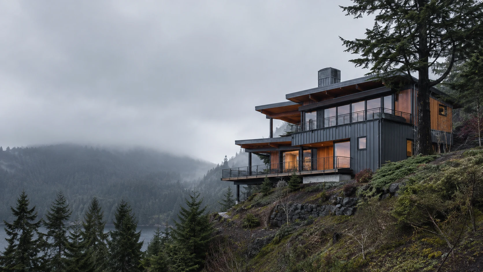 Misty Pacific Northwest house in a forested coastal landscape